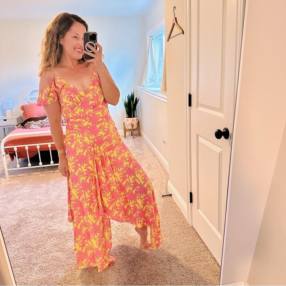 NWT Diane Von Furstenberg DVF Yellow Pink Palm Maxi Dress 8